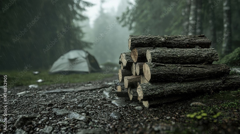Obraz premium Stack of wooden logs on a rocky ground in a forest. the logs are stacked on top of each other and appear to be freshly cut.