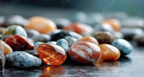 Beautiful Collection of Polished Stones in Various Colors Displayed on a Refl...