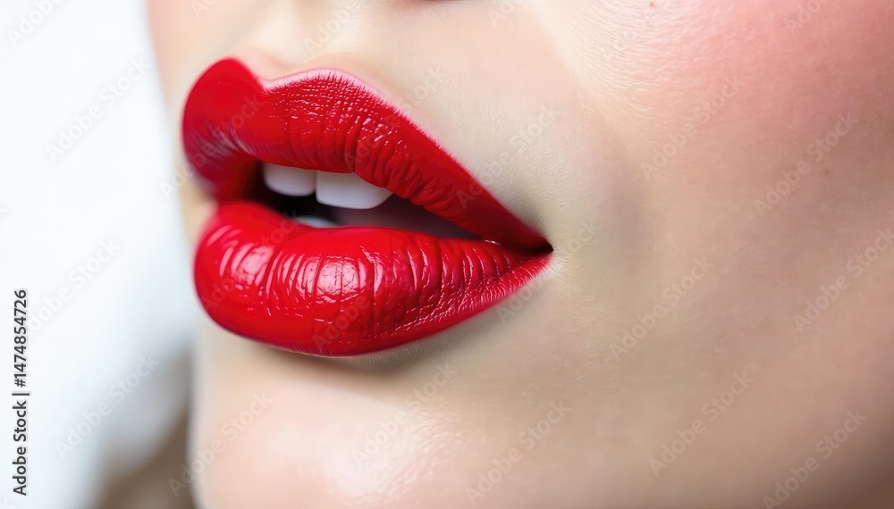 Fototapeta premium Close-up of vibrant red lipstick on pure white , white, red lipstick, make-up
