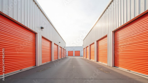 Storage units, orange doors, metal buildings, outdoor facility, organized space, urban storage