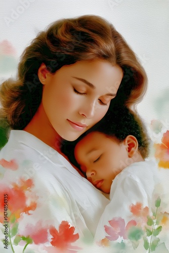 Mother Lovingly Holding Her Child in a Peaceful Moment Surrounded by Colorful...