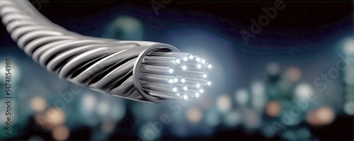 Fiber Optic Cable Glowing Against a Dark, Blurred City Background During Nigh...