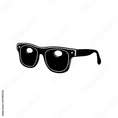 Monochrome illustration of squared sunglasses with circular lens reflections