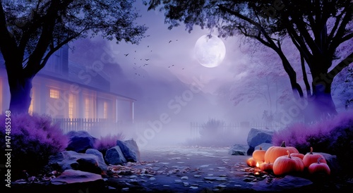 Mysterious Autumn Night With Pumpkins and a Full Moon Illuminating a Foggy La...