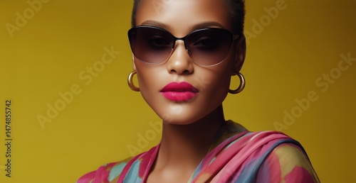 Stylish Portrait of a Model Wearing Sunglasses Against a Vibrant Yellow Backg...