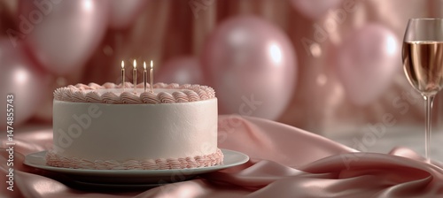 Celebration Cake With Candles and Pink Balloons at a Festive Event