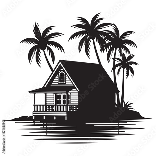 A silhouette house is in the water and palm trees Vector Black silhouette. with white background
