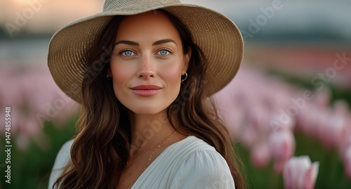 Woman With Long Brown Hair in a Hat Poses Amid Blooming Pink Flowers at Sunset