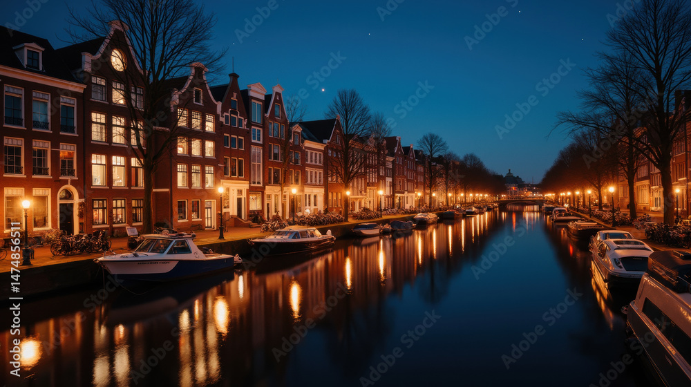Fototapeta premium serene evening scene of canal in Amsterdam, featuring charming buildings, boats, and soft streetlights reflecting on water