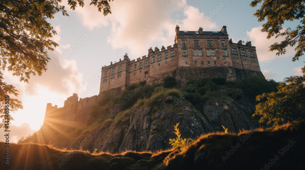 Fototapeta premium majestic castle perched on rocky hill, bathed in warm sunlight, surrounded by lush greenery and serene sky