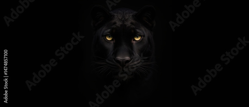 striking black panther with piercing yellow eyes stands out against dark background, exuding sense of mystery and power