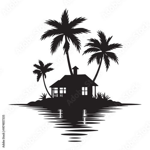 A silhouette house is in the water and palm trees Vector Black silhouette. with white background