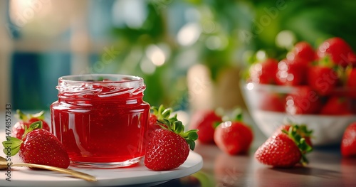 Fresh Strawberries and Homemade Jam Displayed on a Table in a Bright Kitchen