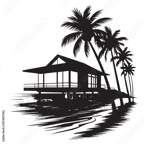A silhouette house is in the water and palm trees Vector Black silhouette. with white background