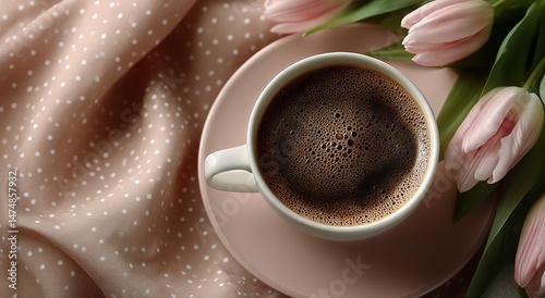 Enjoying Coffee With Fresh Tulips on a Soft Fabric Background in a Cozy Setting