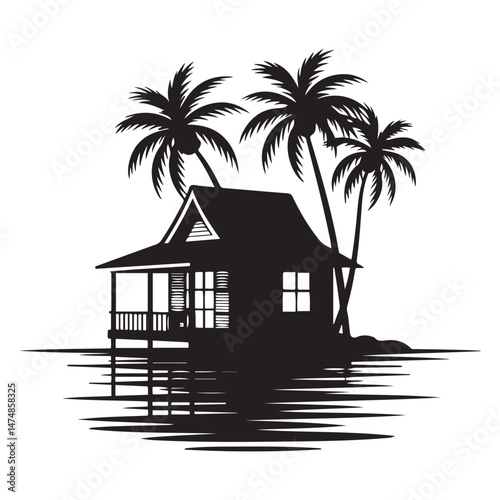 A silhouette house is in the water and palm trees Vector Black silhouette. with white background