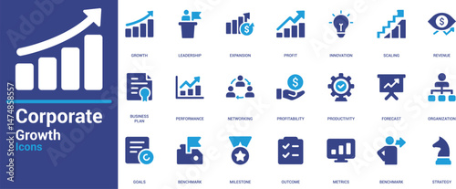 
Corporate growth icons set featuring leadership, profit, innovation, revenue, and performance symbols. Ideal for business, analytics, and strategic planning visuals.

