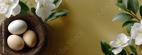 Beautiful Nest With White and Brown Eggs Surrounded by Blooming Flowers on So...