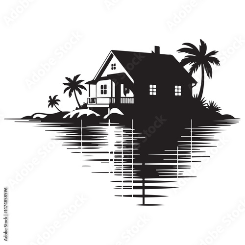 A silhouette house is in the water and palm trees Vector Black silhouette. with white background