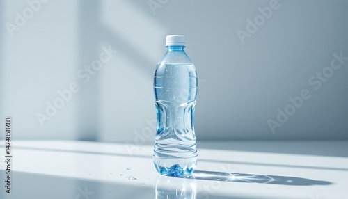 a bright photo of a single water bottle with condensation droplets standing on a reflective white su