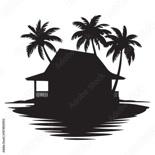 A silhouette house is in the water and palm trees Vector Black silhouette. with white background