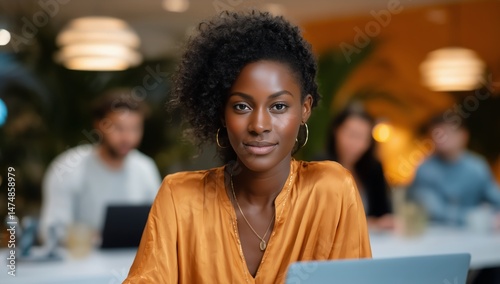 Young Woman Working on Laptop in Modern Workspace During Daytime With Colleag...