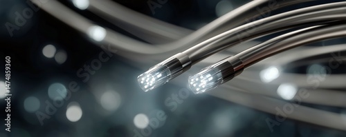 Fiber Optic Cable Glowing Against a Dark, Blurred City Background During Nigh...