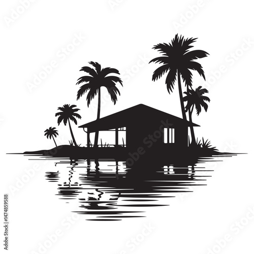 A silhouette house is in the water and palm trees Vector Black silhouette. with white background