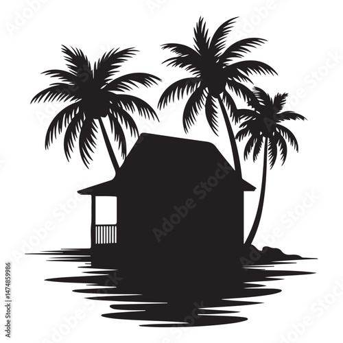A silhouette house is in the water and palm trees Vector Black silhouette. with white background