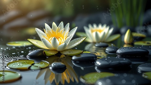 Elegant Water Lily Scene with White Blossoms and Yellow Centers Floating Over Dark Pebbles in Calm Water