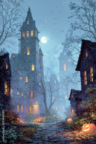 Haunting Night Scene in a Spooky Village With Glowing Pumpkins and Towering D...
