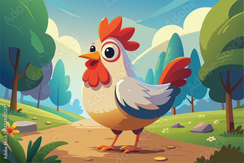 A Cheerful Rooster in a Sunny Landscape