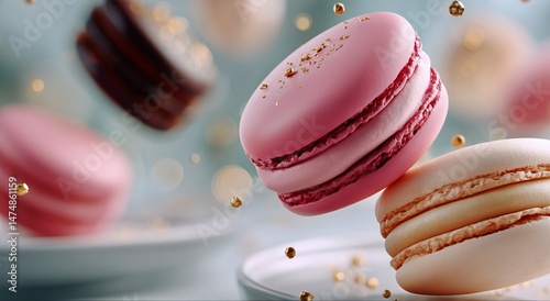 Colorful Macarons Floating Above a Plate With Golden Accents in a Modern Kitc...