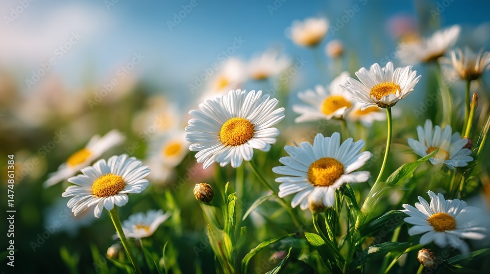 Fototapeta premium Daisy Delight: A vibrant field of white daisies with sunny yellow centers basks under a clear blue sky, creating a cheerful natural scene.
