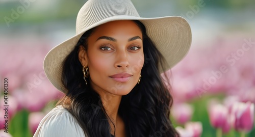Woman With Long Brown Hair in a Hat Poses Amid Blooming Pink Flowers at Sunset