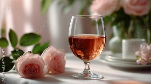 Elegant Rose Wine Beside Delicate Pink Roses on a Softly Lit Table