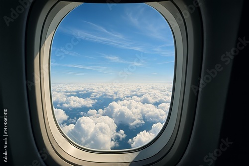 View of Clouds from an Airplane Window on a Clear Sunny Day