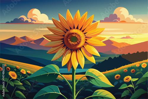Majestic Sunflower at Sunset. A Vibrant Landscape Painting