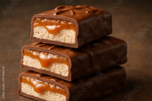 Stack of Chocolate Bars with Caramel on Brown Background