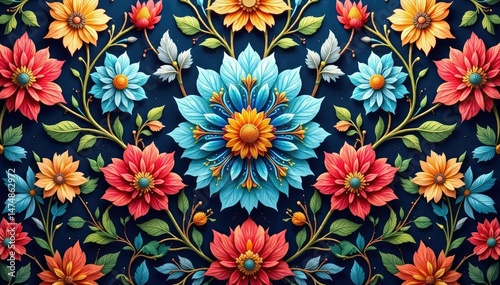 Wallpaper Mural Intricate floral textile design, repeating motif, nature, blossom, pattern Torontodigital.ca