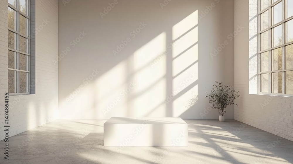 Fototapeta premium Sunlit minimalist room with a white cube platform