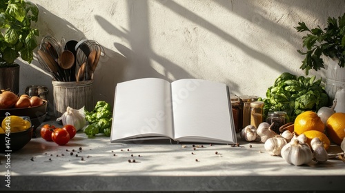 Open blank cookbook mockup in sunlit kitchen with herb and spice