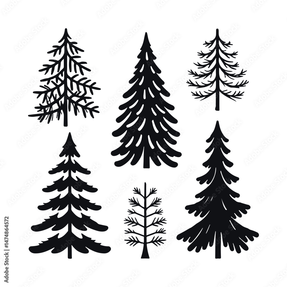 Obraz premium Collection of Elegant Black Silhouette Pine Tree Illustrations