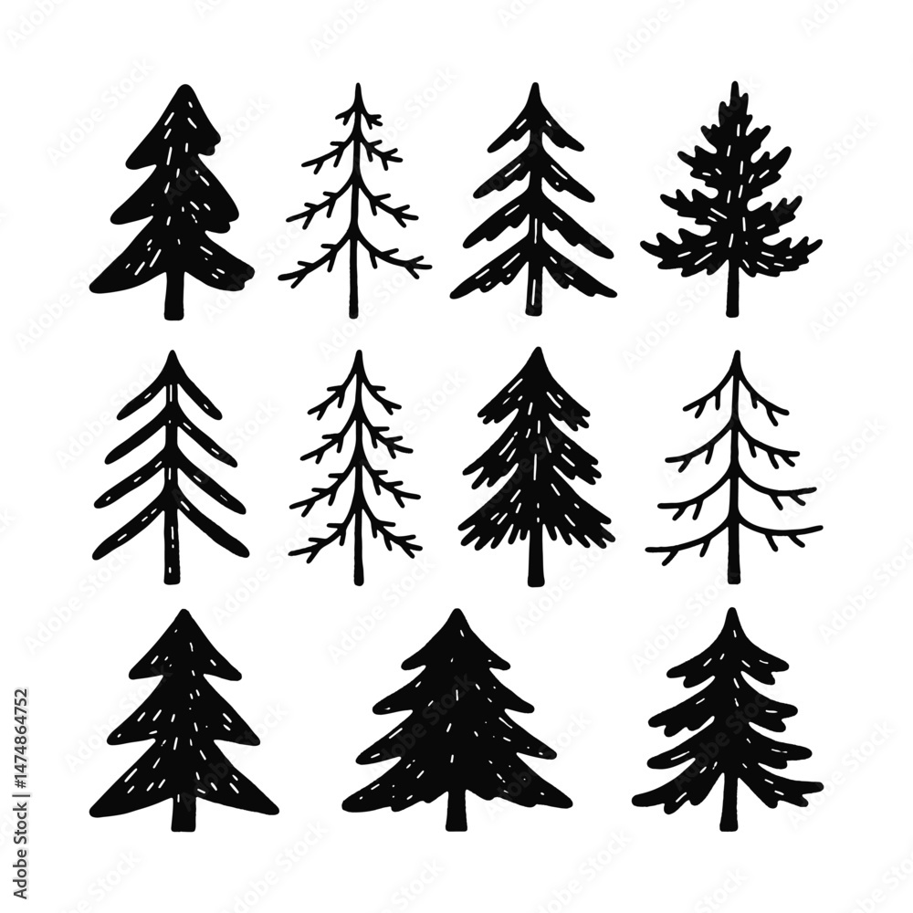 Fototapeta premium Hand-Drawn Evergreen Tree Collection of Unique Silhouettes for Design Projects