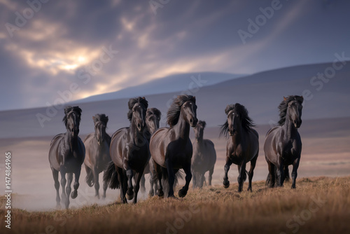 A herd of dark horses running across a field with mountains and a cloudy sky in the background