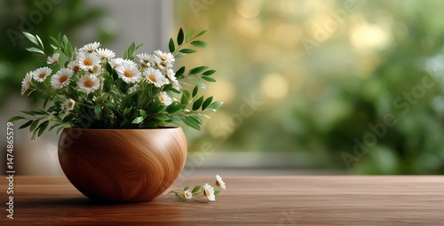 Beautiful White Daisies in a Wooden Pot Placed on a Table in a Lush Garden Du...