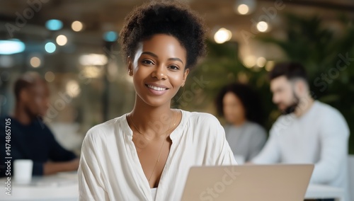 Business Professional Smiling at Laptop in Modern Office Setting With Colleag...