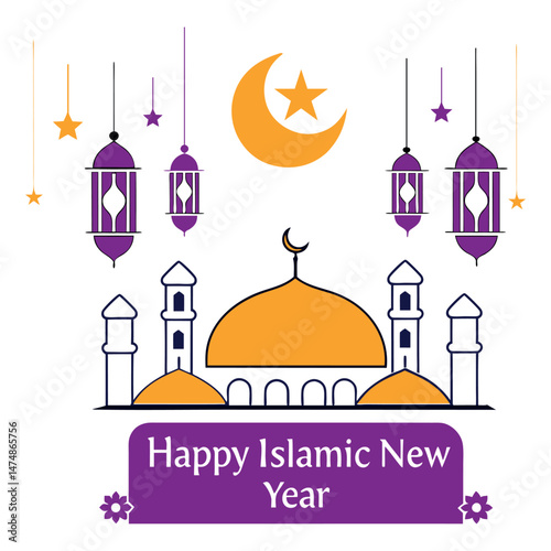 Islamic New Year Icon Featuring Mosque, Crescent Moon, Stars, Lanterns on White