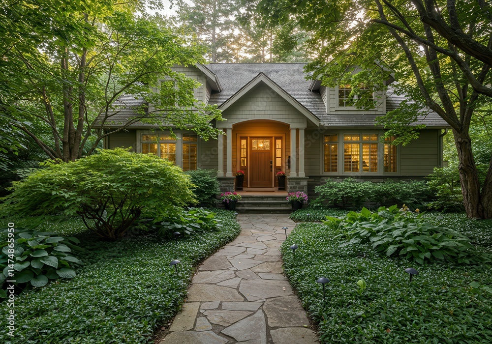 Naklejka premium Beautiful Suburban Home Evening Light Stone Path Green Landscaping Yard House Trees Garden Plants