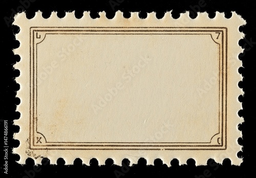 Blank vintage postage stamp.  A light beige, slightly textured rectangular area, bordered by dark brown lines, framed by a serrated edge.  The area inside is empty, ready for  information